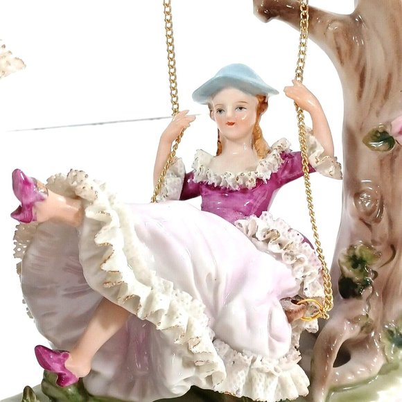 Romantic Dresden Lace Figurine Sculpture Man Woman Tree Swing Capodimonte - Picture 13 of 16